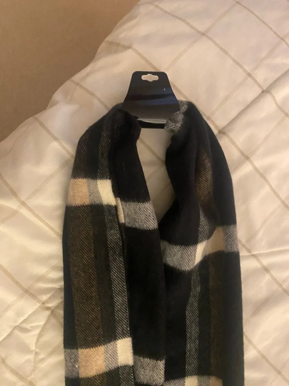 Made in Scotland 100% Cashmere Plaid Scarf 69” x 12” camel, cream, grey, blk